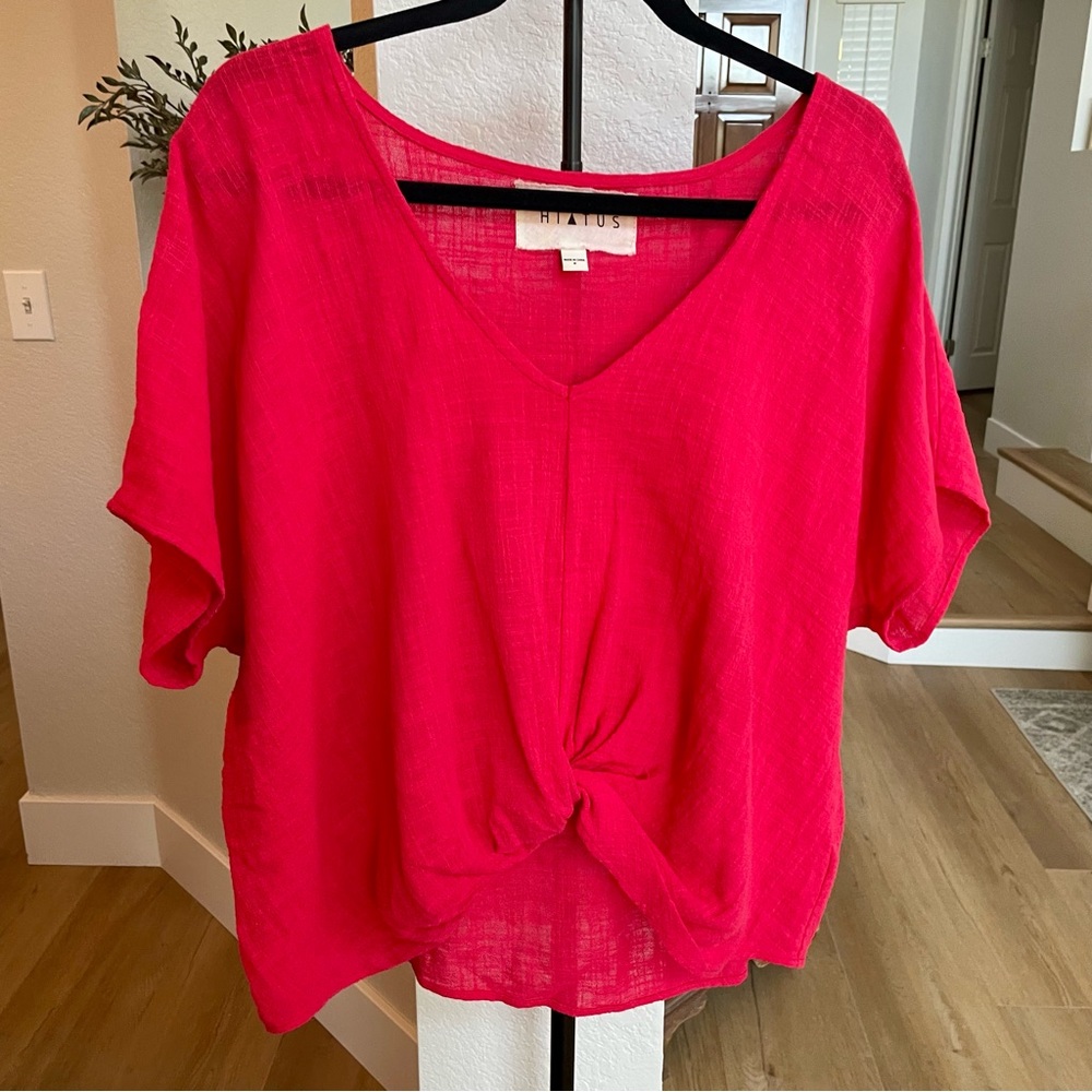 Hiatus Lagenlook Red Twist-Front‎ Relaxed Boxy V-Neck Blouse - Size Medium